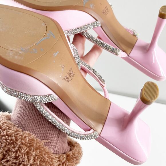 ZARA Pointed Toe Rhinestone Trim Mule Kitten Heel Shoes Pink 40 / 10 - Picture 5 of 8